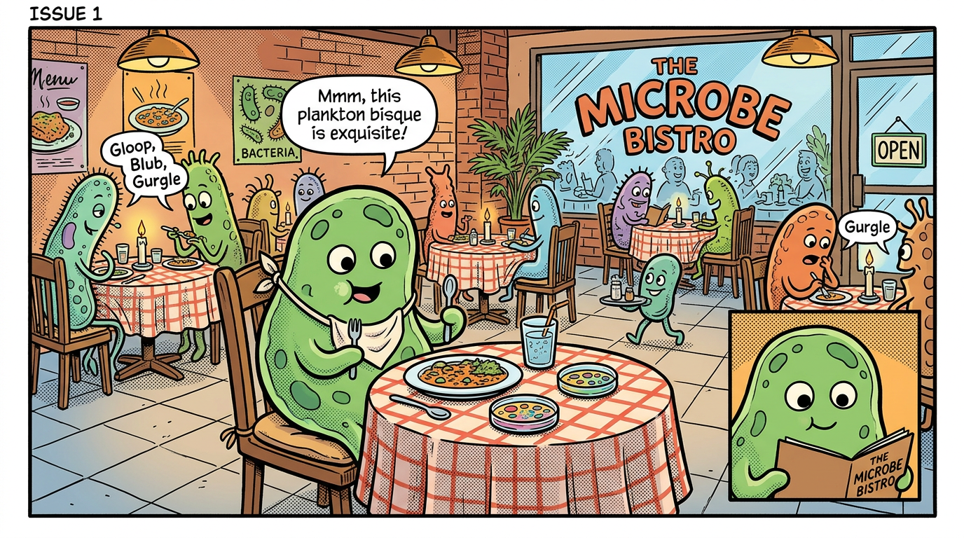 ISSUE 1; The Microbe Bistro, where cartoon microbes dine on plankton bisque; signs read Menu, Bacteria, and Open; speech bubbles say “Gloop, Blub, Gurgle,” “Mmm, this plankton bisque is exquisite!”, and “Gurgle.”